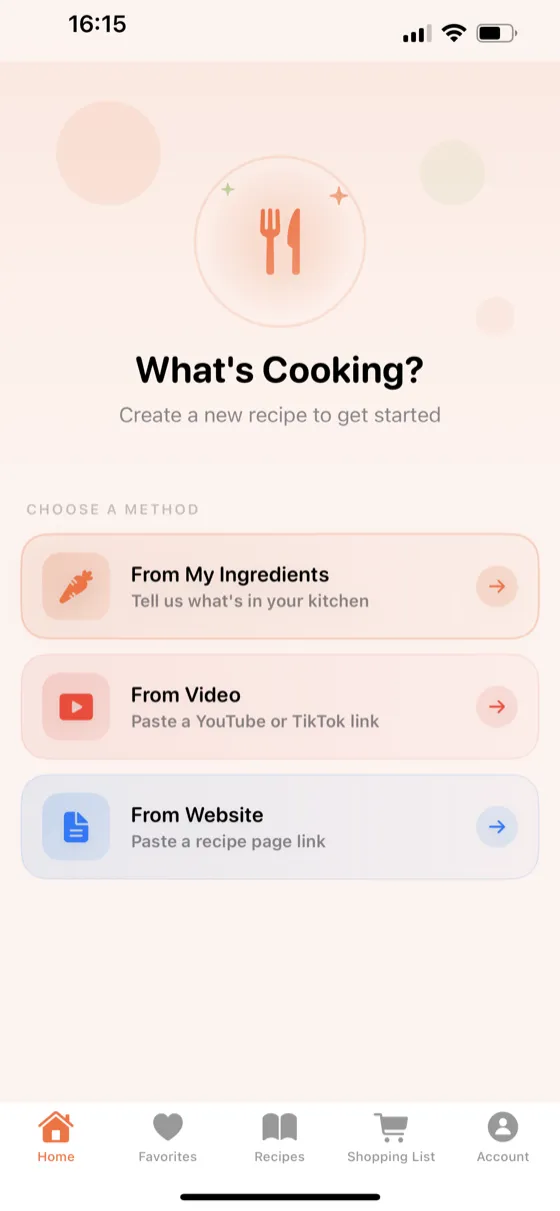 Orubu home screen showing three ways to find recipes: by ingredients, video, or website
