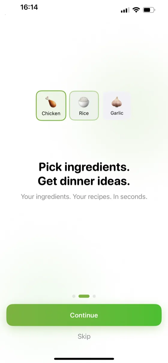 Pick ingredients screen with Chicken, Rice, and Garlic selected