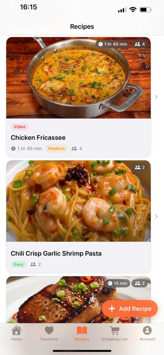Saved recipes collection with photos and tags